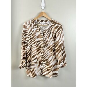 JM Collection Women's Sz 14 100% Linen Popover Blouse Long Sleeve Brown/White